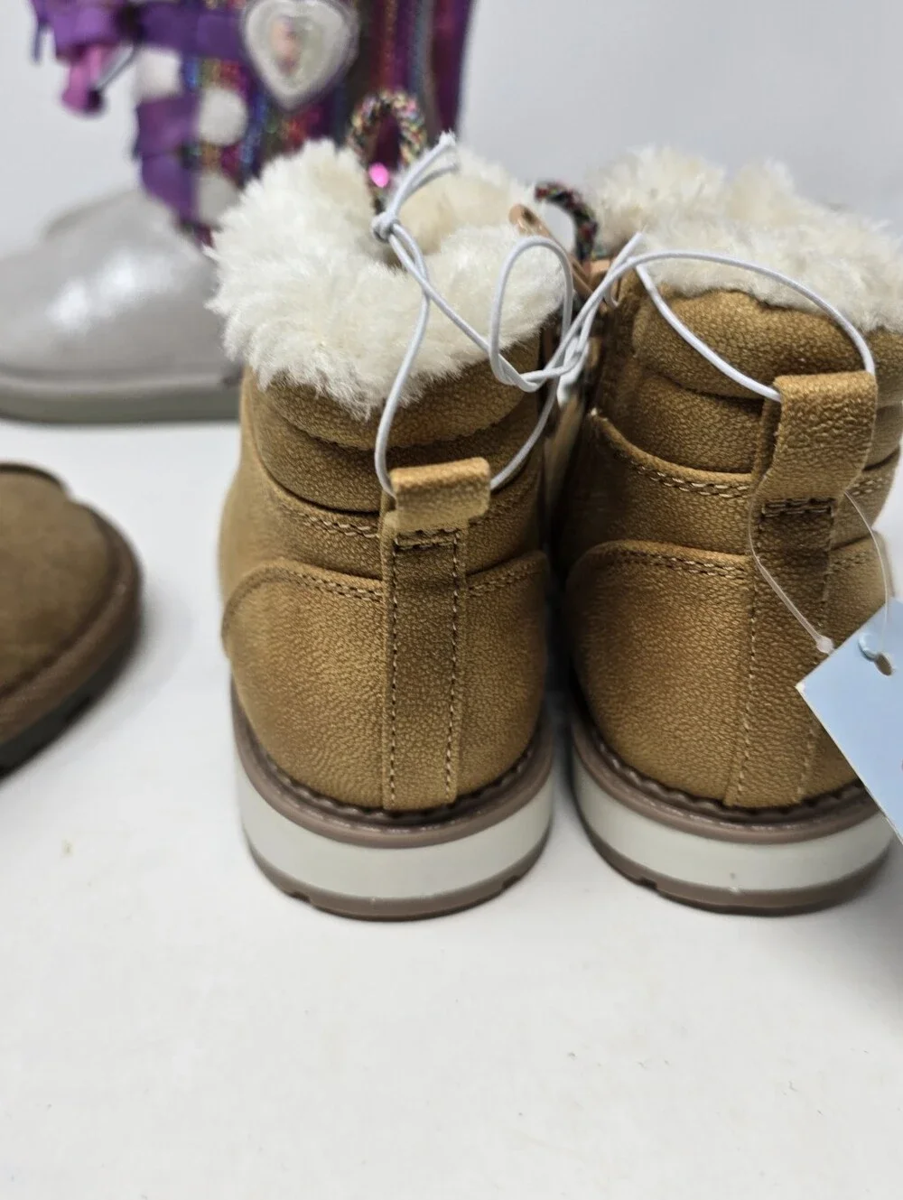 Cat & Jack Stride Girls Size 9 Shoe Lot Bundle Fuzzy Slippers Lace Up Boots Tan